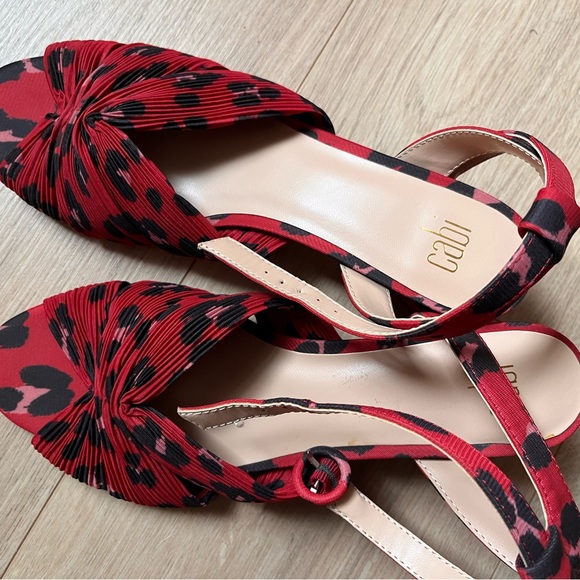 Cabi siren sandals leopard print pleated peep toe red ankle straps spool heel - Picture 3 of 14